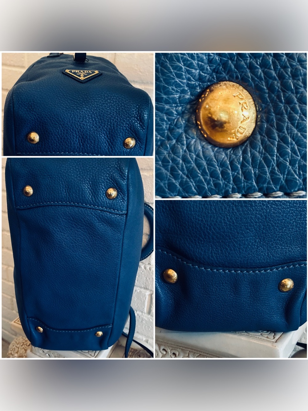 💙 PRADA Vitello Daino Bauletto Satchel Crossbody Bag Blue Very Chic EUC - Picture 16 of 17